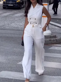 Solid Color Sleeveless Metal Button Jumpsuit - White - View 1