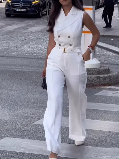 Solid Color Sleeveless Metal Button Jumpsuit White - Shop at LoveMi