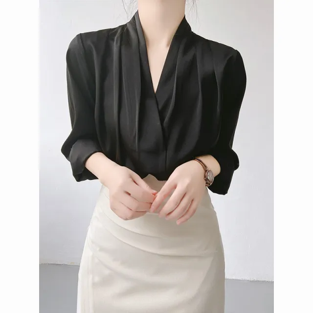 Women's Summer V neck Niche Satin Shirt Top Black - Shop at LoveMi