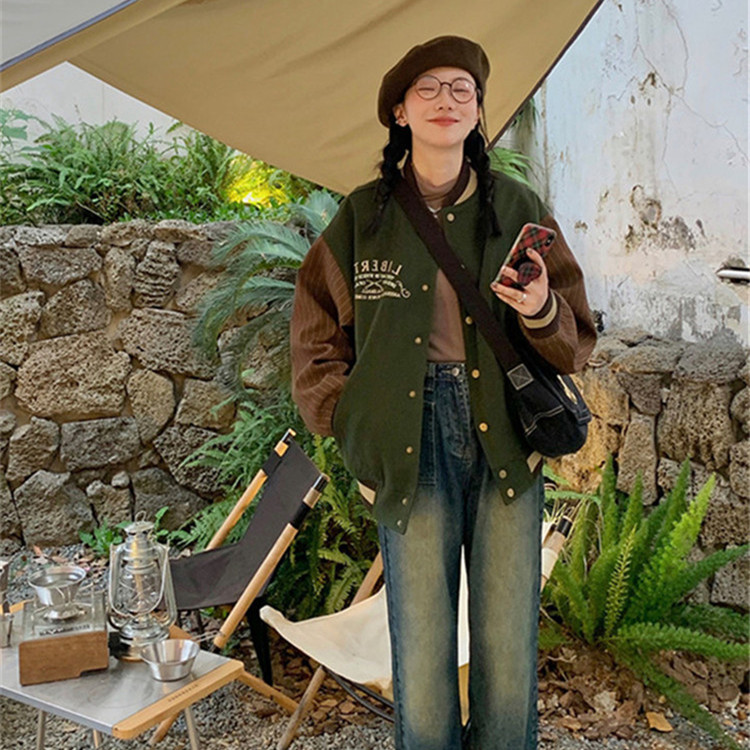 Thickened Quilted Women's All-match Green Retro Baseball Uniform