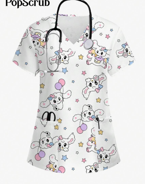 nurse Scrub Top Casual V-Neck Short Sleeve