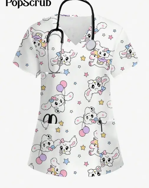 Plus Size Women's Vibrant Print Scrub Top Casual V-Neck Short Sleeve