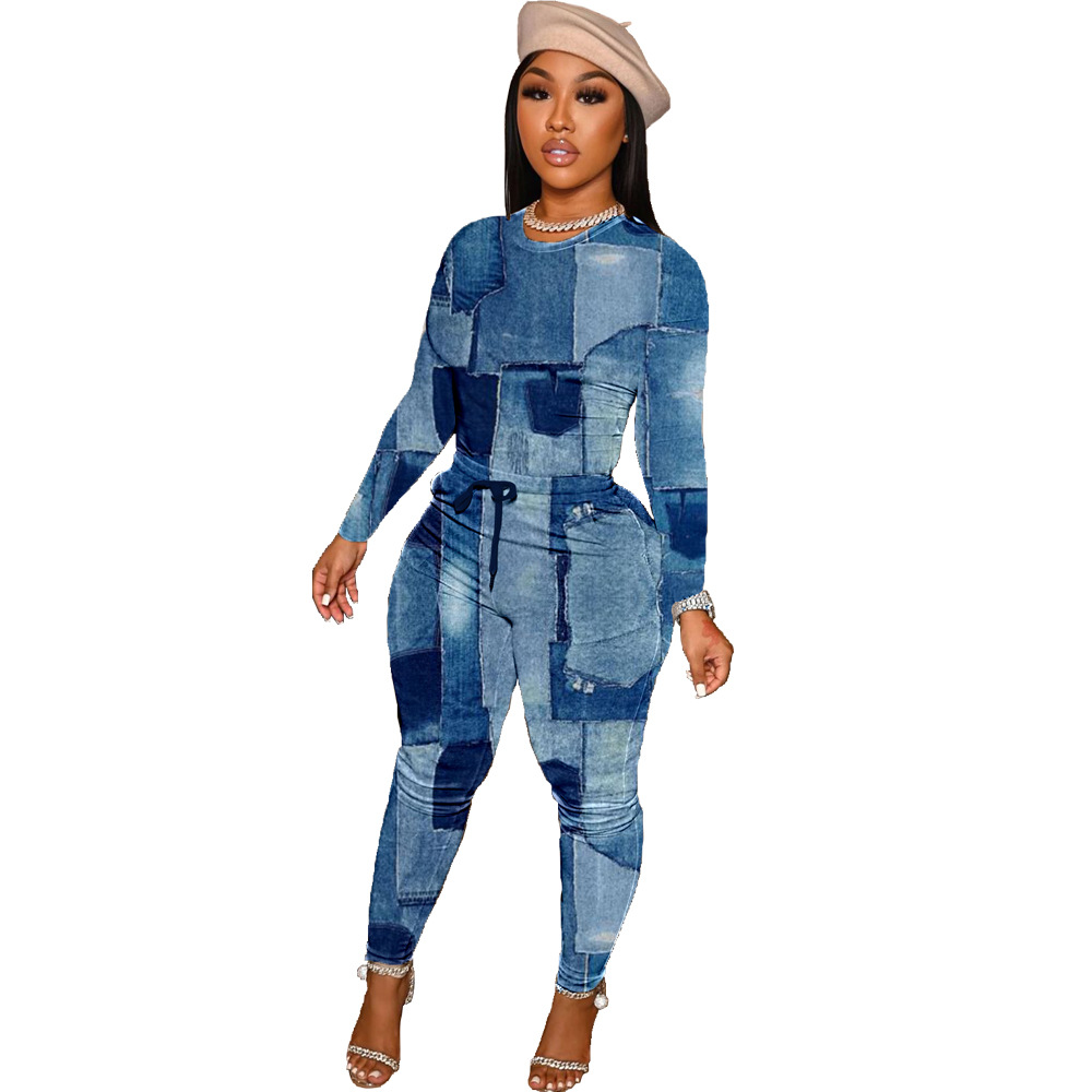 Title 5, Modischer Denim-Print zweiteiliger Damen-Set, p...