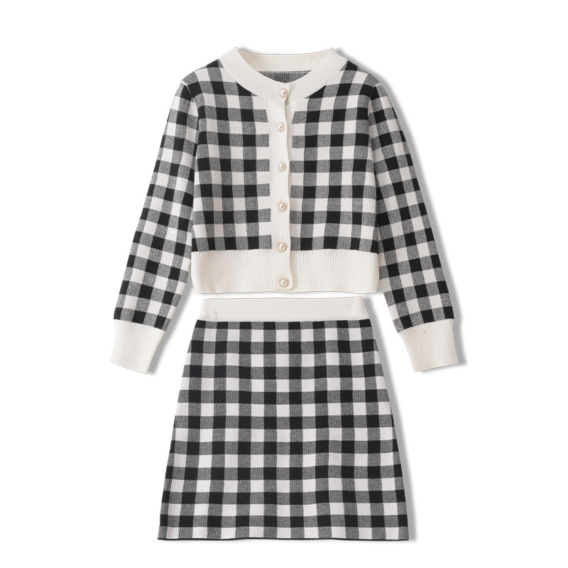 European Station Spring And Autumn New Fashion Temperament Plaid Knitted Cardigan Jacket Two-piece Suit With Hip Skirt