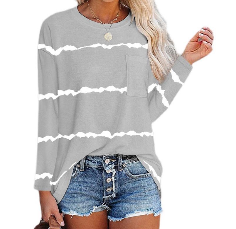 New Style Printed Pocket Long-sleeved Round Neck T-shirt For Women