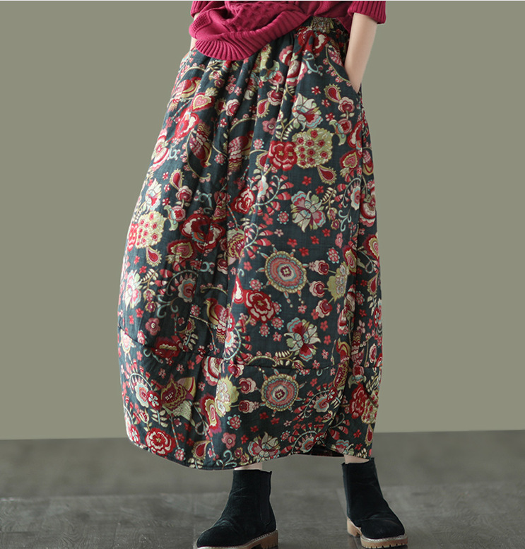 Loose Quilted Thick Cotton And Linen Flower Bud Mid-length Skirt Women