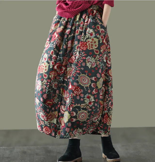 Loose Quilted Thick Cotton And Linen Flower Bud Mid length Skirt Women Style2 One Size - Shop at LoveMi