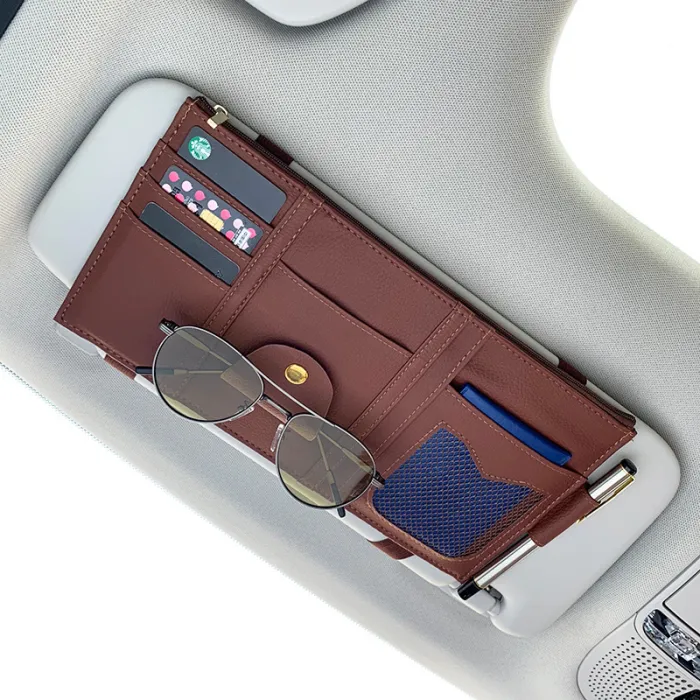 Car Sun Visor Organizer, PU Leather Zippered Holder for Registration, Cards, Pens and Sunglasses - detail photo 2
