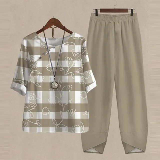 Spring New Women's Five quarter Sleeve Printed Top Two piece Pants Beige - Shop at LoveMi