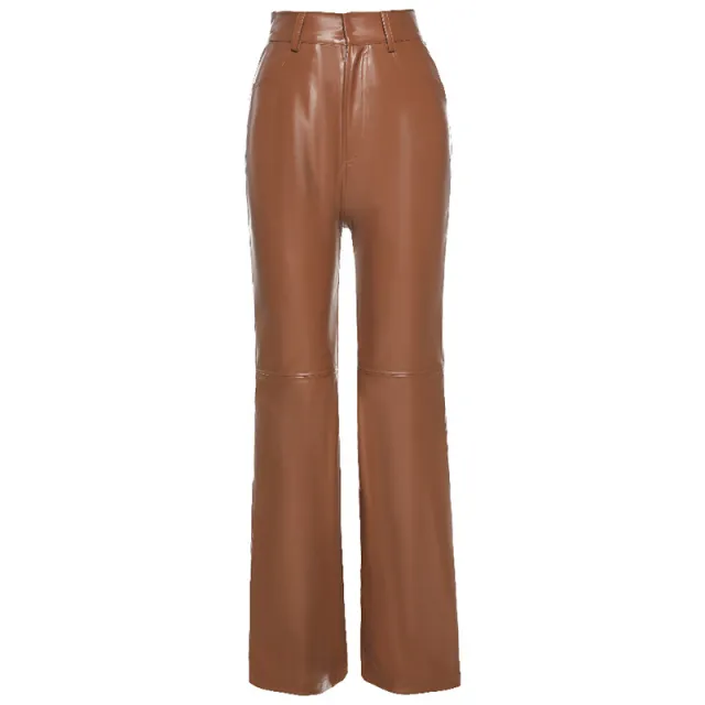 High Waist Bag Hip Fashion Street Style PU Trousers Women Brown - Shop at LoveMi