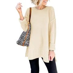 Round Neck Sweater Long Sleeve Side Slit Loose Wool Knit Pullover Top - Apricot - View 1