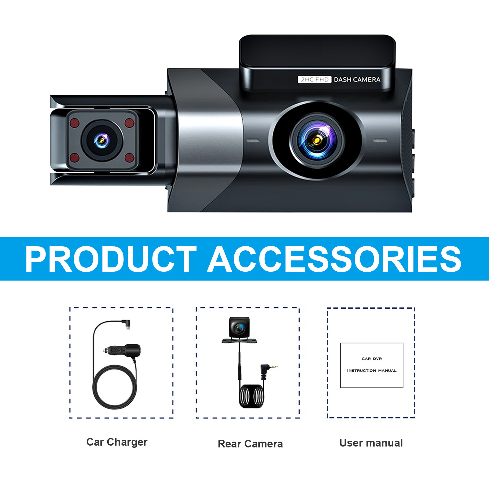 1296P HD Wifi Dash Cam Pro Car Camera Recorder 3-Lens Front Rear Night Vision