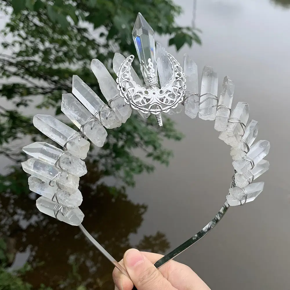 Natural Pure Handmade Crystal Hollowed Out Moon South-central Pillar Crown Hair Hoop