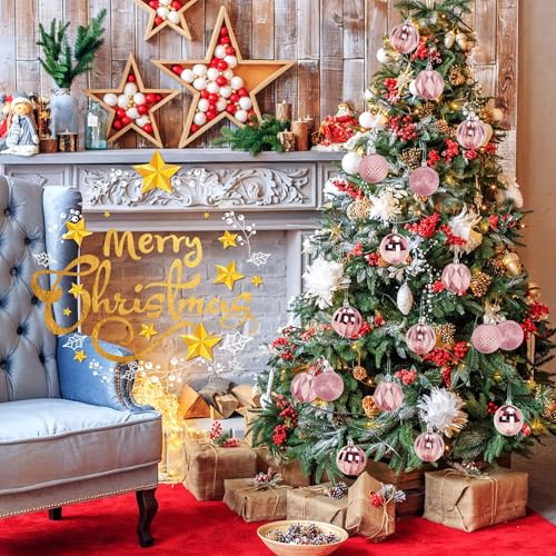 24PCSPink Christmas Ball Ornaments, 60mm Shatterproof Tree DecorPlastic, Xmas Tree Decorations, Wedding, Mothers Day Party, Assorted Style Decor, Large 2.4 In 2