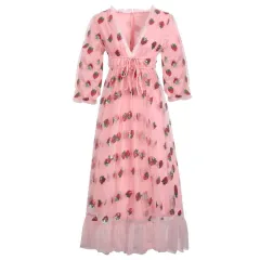 Strawberry Two Tone Sequin Mesh Tie Pleated Dress Summer - Pink - View 1