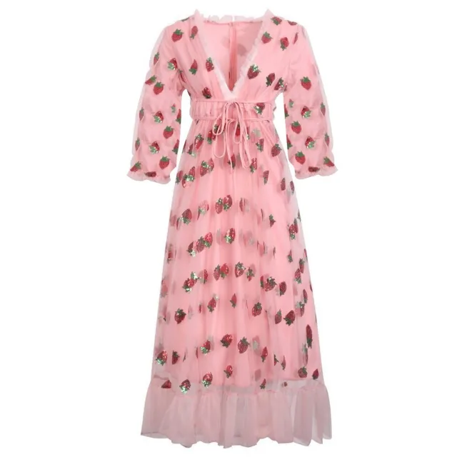 Strawberry Two Tone Sequin Mesh Tie Pleated Dress Summer Pink - Shop at LoveMi
