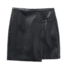 Fashion Ladies Irregular Split Hip A-line Leather Short Skirt - Black - View 1