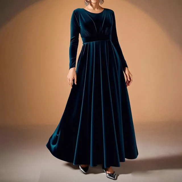 Women's Elegant Velvet Pleated Long Sleeve Cocktail Party Formal Wedding Guest A Line Maxi Long Dress Blue - Shop at LoveMi