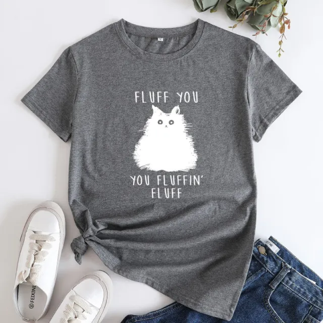 Large Size Cat Letter Printed Cotton Round Neck Short Sleeve T shirt For Women Dark Gray - Shop at LoveMi