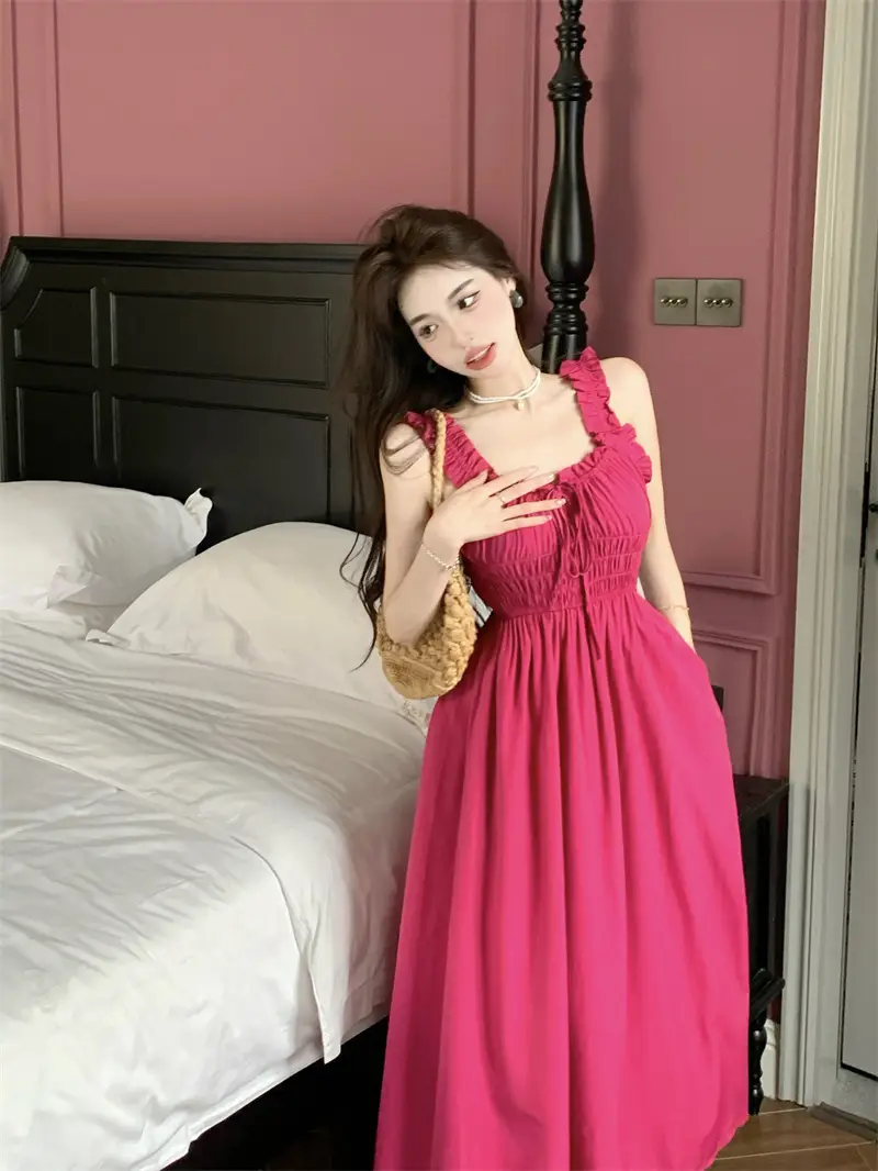 Rose Red Suspender Dress Women's Collar Waist Folds