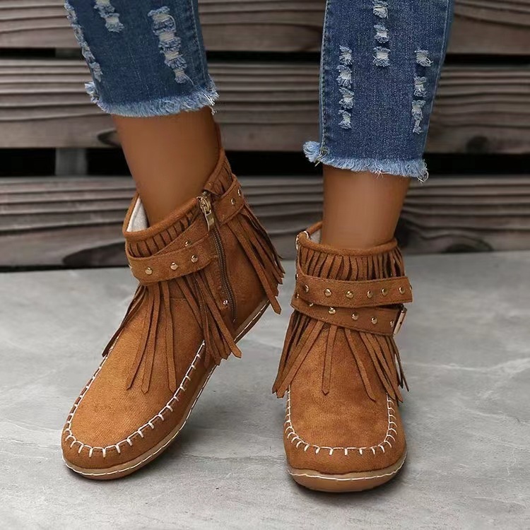 Retro Ankle Boots With Rivet Tassel Flat Shoes Women Winter Boots - Image 2