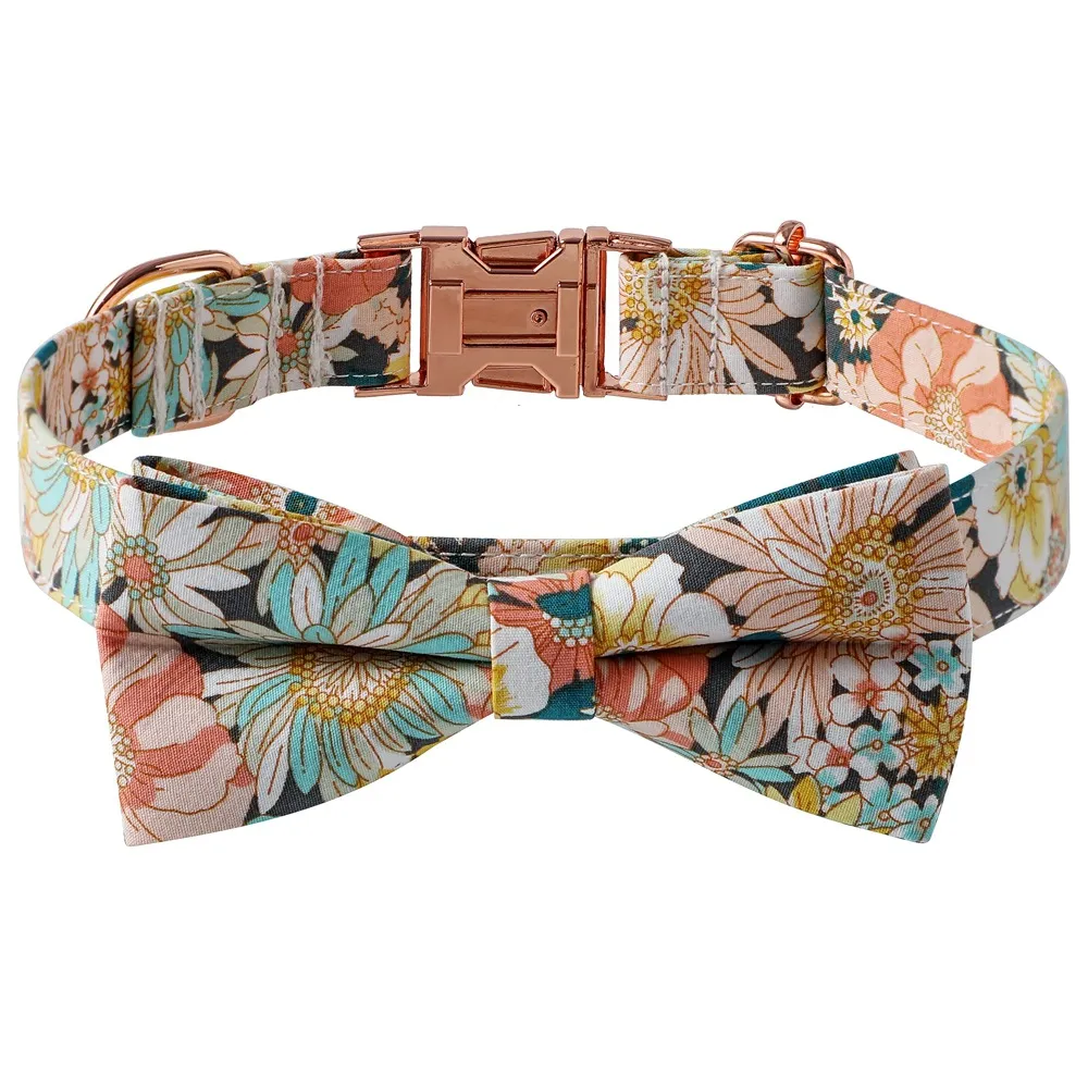 Floral Cotton Dog Collar Rose Buckle - Yellow Bow