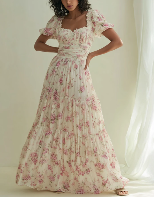 Floral Smocked Bodice Puff Sleeve Maxi Dress