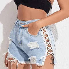 Women's Slim-fit High Waist Denim Shorts - Blue - View 1