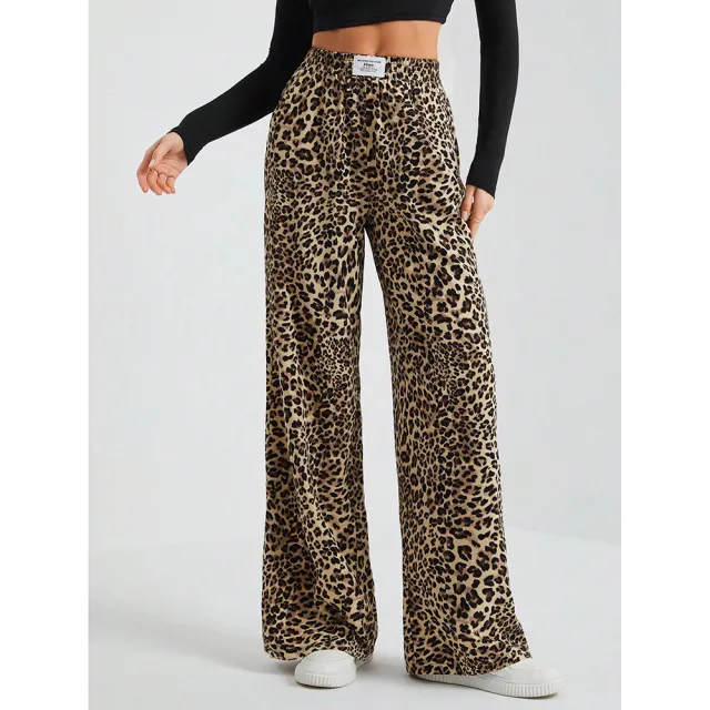 Casual Pants Spring And Autumn New Straight High Waist Loose Wide Leg Trousers Leopard Brown - Shop at LoveMi