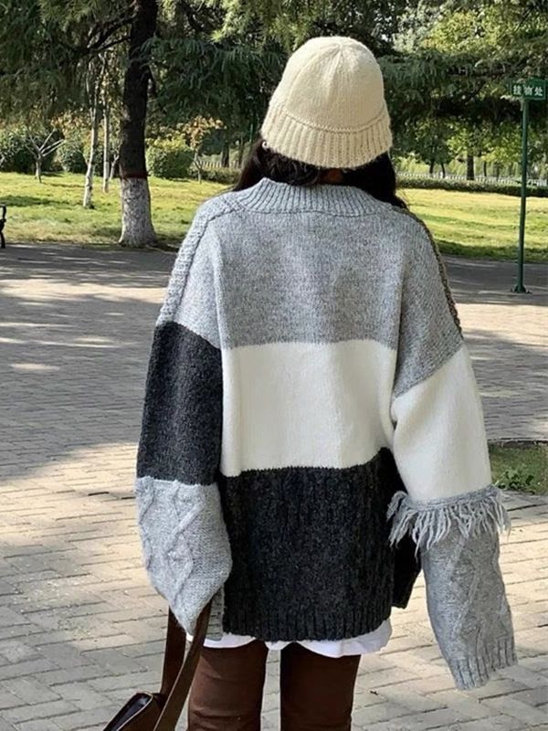 Autumn Winter Retro Plaid Contrast Color Knitted Cardigan V-neck Coat