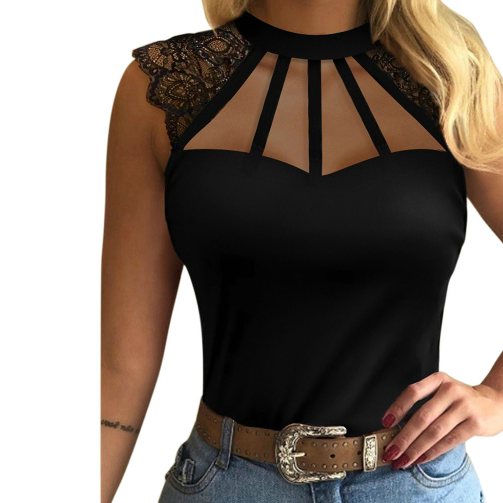 New Fashion Slim Black Sleeveless Lace Short Sleeve
