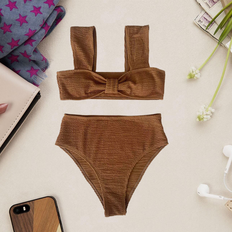 New Women's Split High Waist Special Fabric Solid Color Swimwear