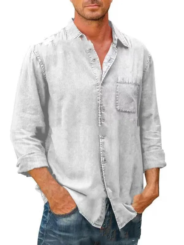 Lapel Solid Color Pocket Single Breasted Shirt Men's Long Sleeve Wash Water Shirt Top Off White - Shop at LoveMi