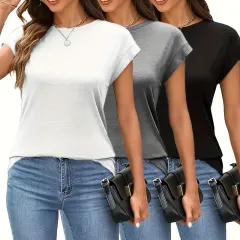 Women's 3-Pack Round Neck Solid Color Short Sleeve T-Shirts - Basic Casual Summer Tops - White Black Gray - View 1