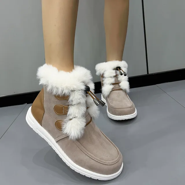 Fashion Suede Fleece Snow Boots Winter Warm Plush Round Toe Cotton Shoes Versatile Simple Short Boot For Women Beige - Shop at LoveMi