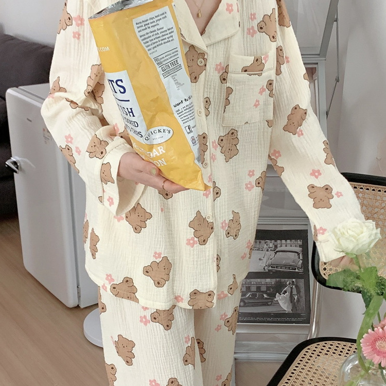 Women's Cartoon Bear Loose Long-sleeved Pajamas Suit