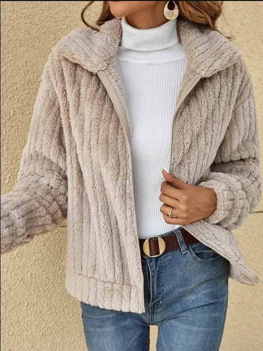 Autumn And Winter New Style Pit Striped Plush Cardigan Lapel Short Jacket Apricot - Shop at LoveMi