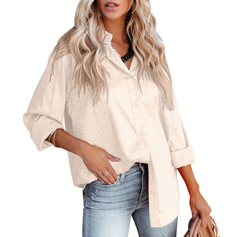 Satin Stone Lapel Casual Drop Shoulder Long Sleeve Shirt