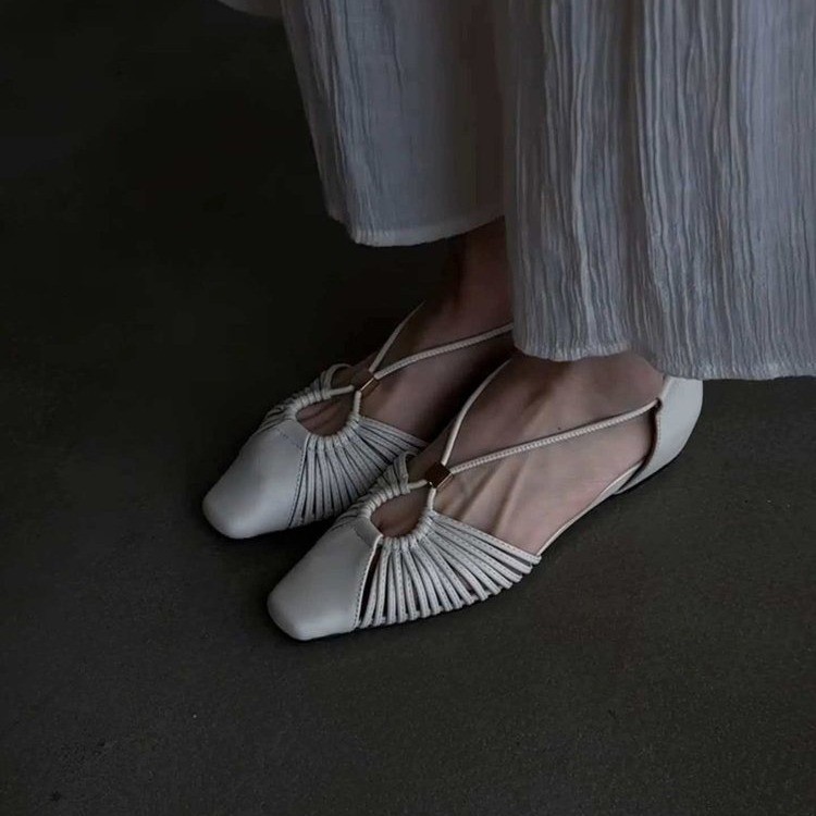 Women White Moonlight Hollow Woven Sandals, New Square Toe Genuine Leather Back Strap Hollow Sandals With Hidden Height Increasing Heel