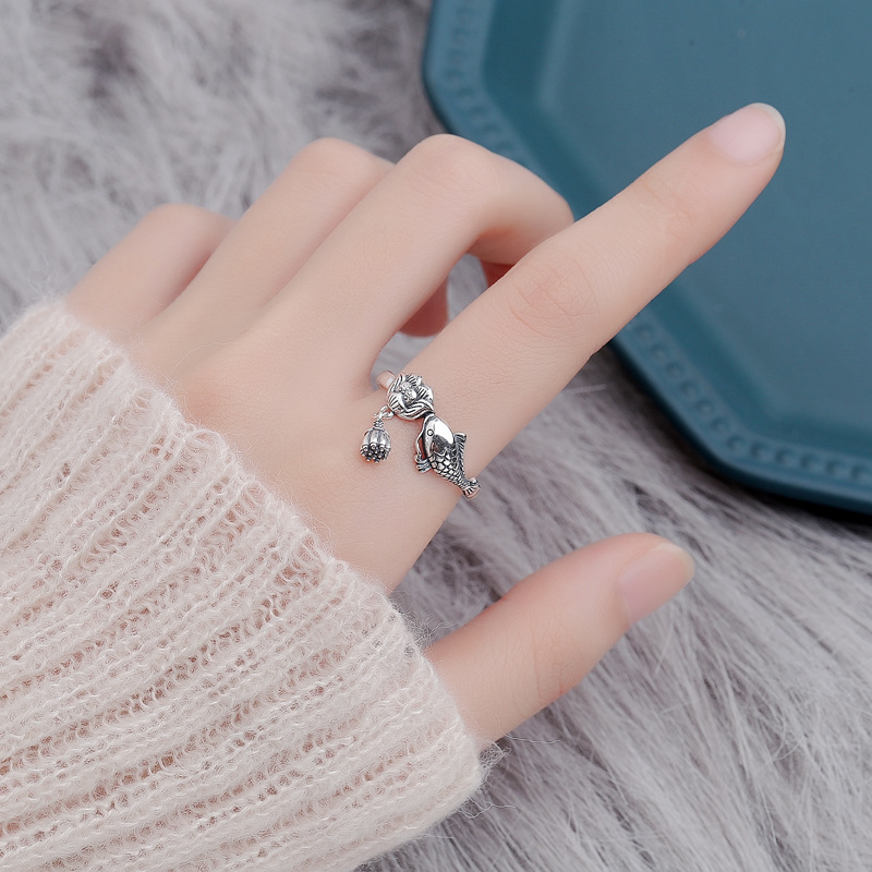 Fashion Sterling Silver Carp Lotus Tassel Ring