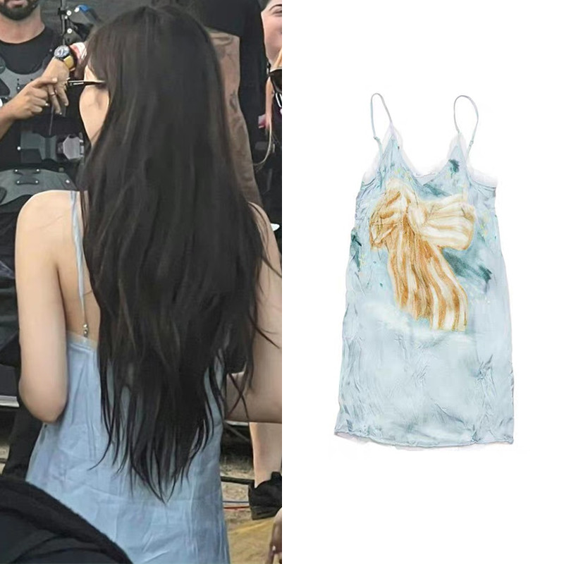 Women's Fashion Temperament Pleated Bow Print Halter Dress