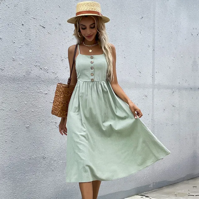 Button Cotton Linen Skirt Sleeveless Sling A Line Mint Green - Shop at LoveMi