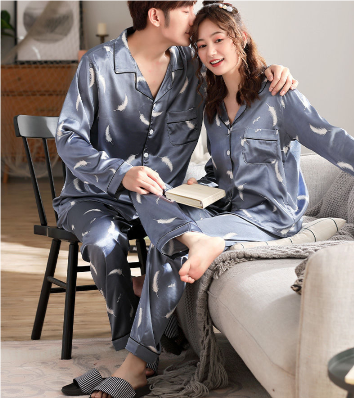 Title 5, Couple Ice Silk Long-Sleeved Thin Silk Pajamas