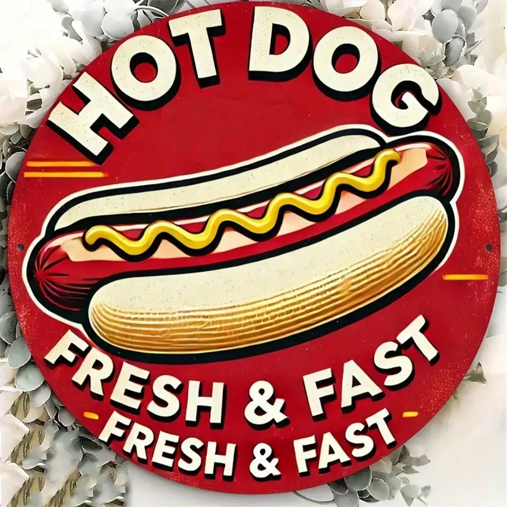 Vintage Hot Dog Round Metal Sign 8x8in