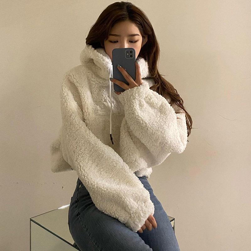 Casual Warm Hooded Short Lamb Sweater