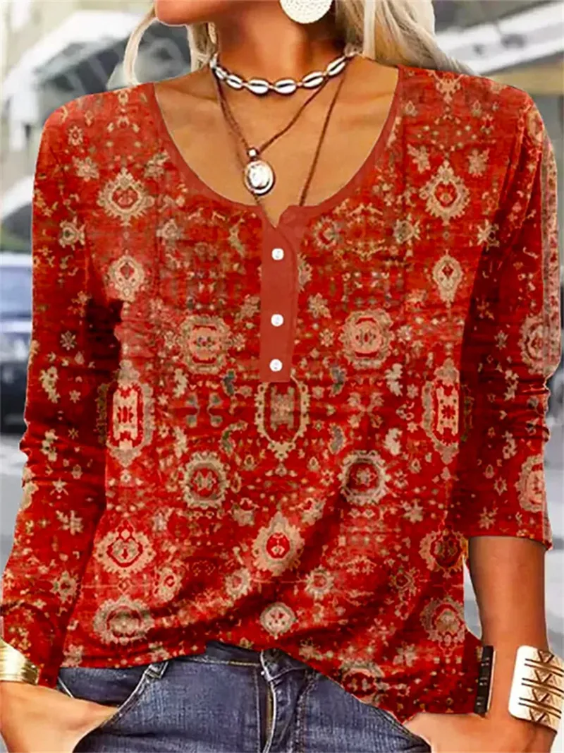 Women's Loose Long Sleeve Geometric Flower Mang U-neck Button T-shirt Women - 3 Style-3Xl