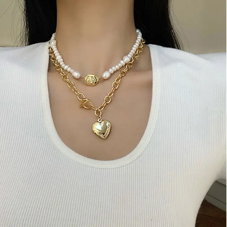 Layered Pearl and Heart Pendant Necklace for Women