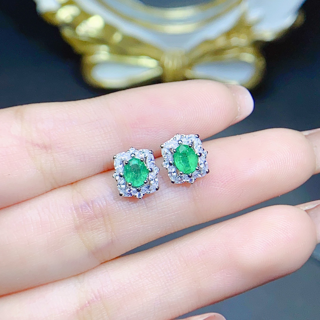 Title 3, S925 Silver Inlaid Natural Emerald Earrings