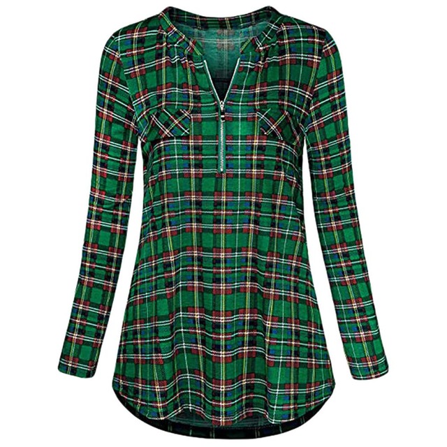Women's Casual Roll Sleeve Zipper V-neck Plaid Print