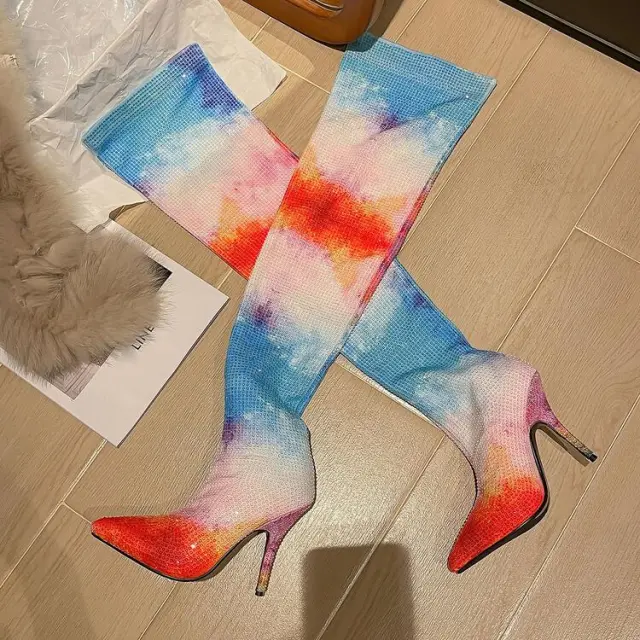 Skinny Heel Iridescent Over the knee Boots Elastic Boots For Women Color 34 - Shop at LoveMi